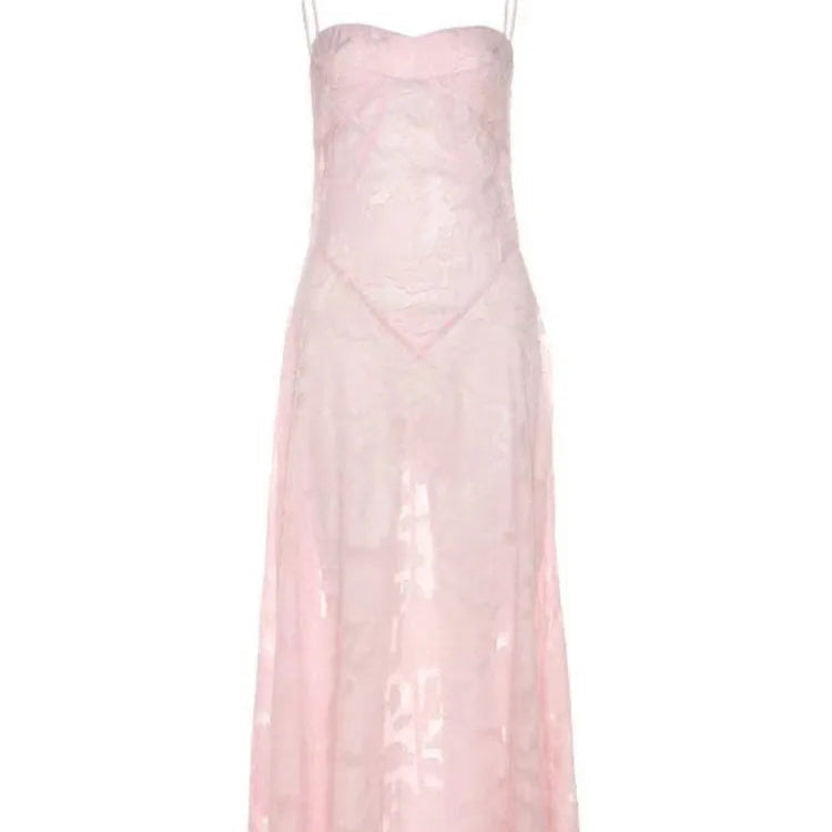 Robe longue en dentelle à bretelles spaghetti pour femmes