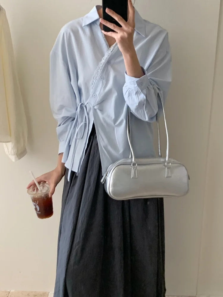 Chemise Femme – Col à Revers, Dentelle et Taille Nouée