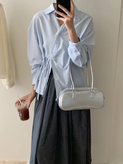 Chemise Femme – Col à Revers, Dentelle et Taille Nouée