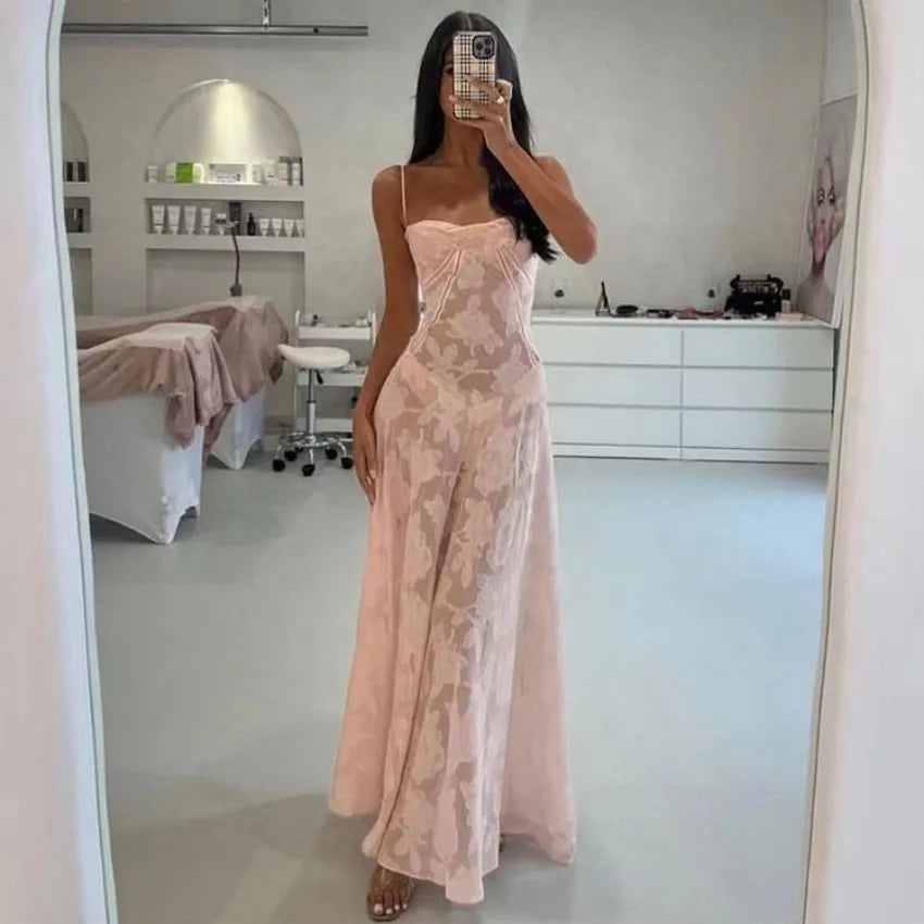 Robe longue en dentelle à bretelles spaghetti pour femmes