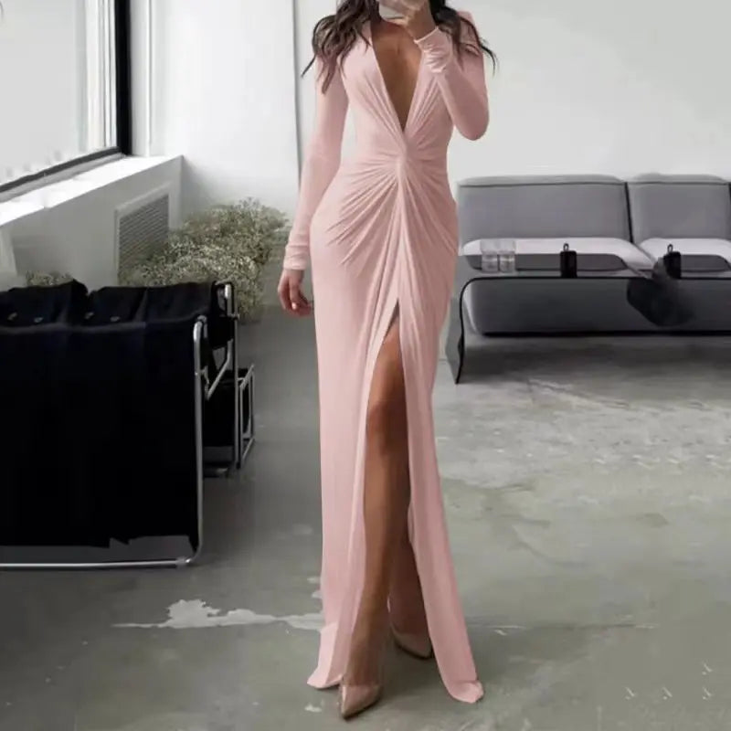 Robe de soirée fendue à col en V profond pour femmes