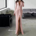 Robe de soirée fendue à col en V profond pour femmes