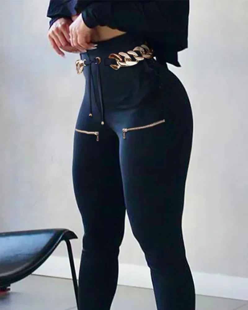 Pantalon slim sans ceinture décontracté taille haute femmes