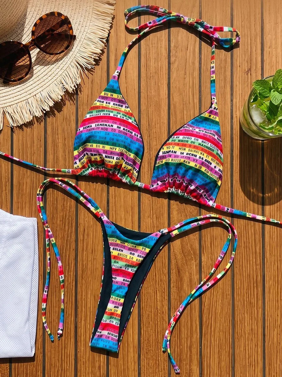 Ensemble de bikini deux pièces micro mini coloré imprimé lettres pour femme