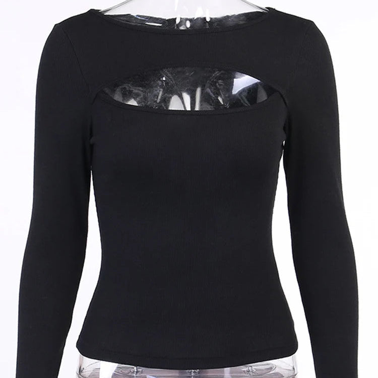 T-shirt évider à manches longues pour femmes