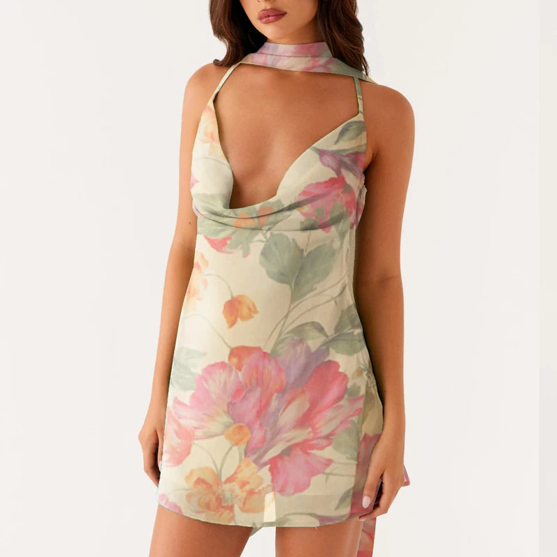 Mini robe dégradé/fleur imprimé col pivotant sangle pour femmes