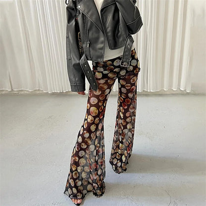 Pantalon femme taille haute imprimé transparent style bohème