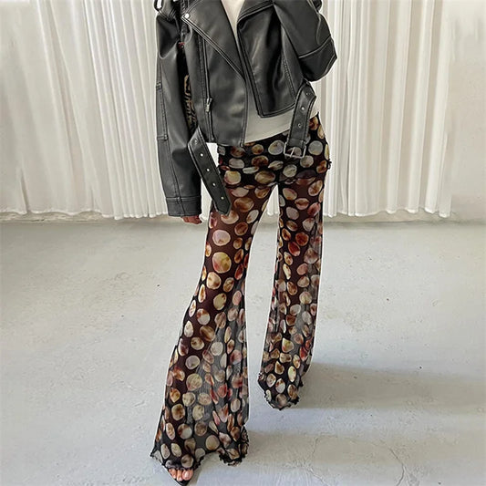Pantalon femme taille haute imprimé transparent style bohème
