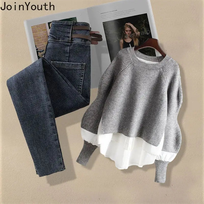 Ensemble deux pièces pulls en tricot et pantalon en jean coupe couvertes pour femmes
