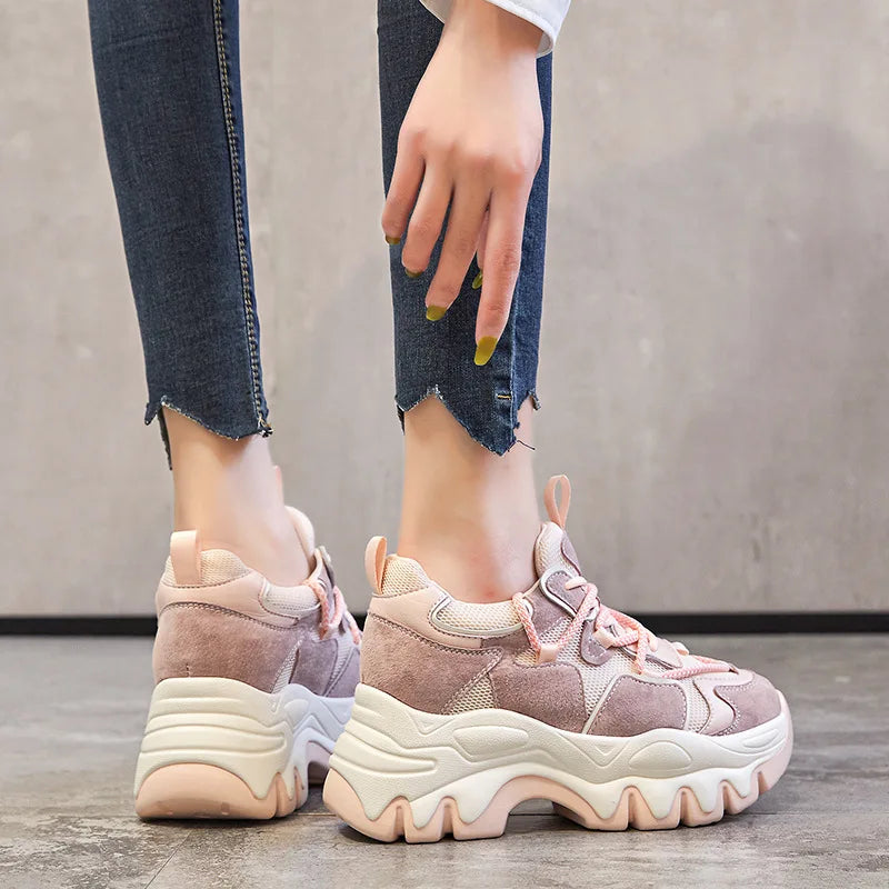 Baskets en maille daim en cuir véritable pour femmes