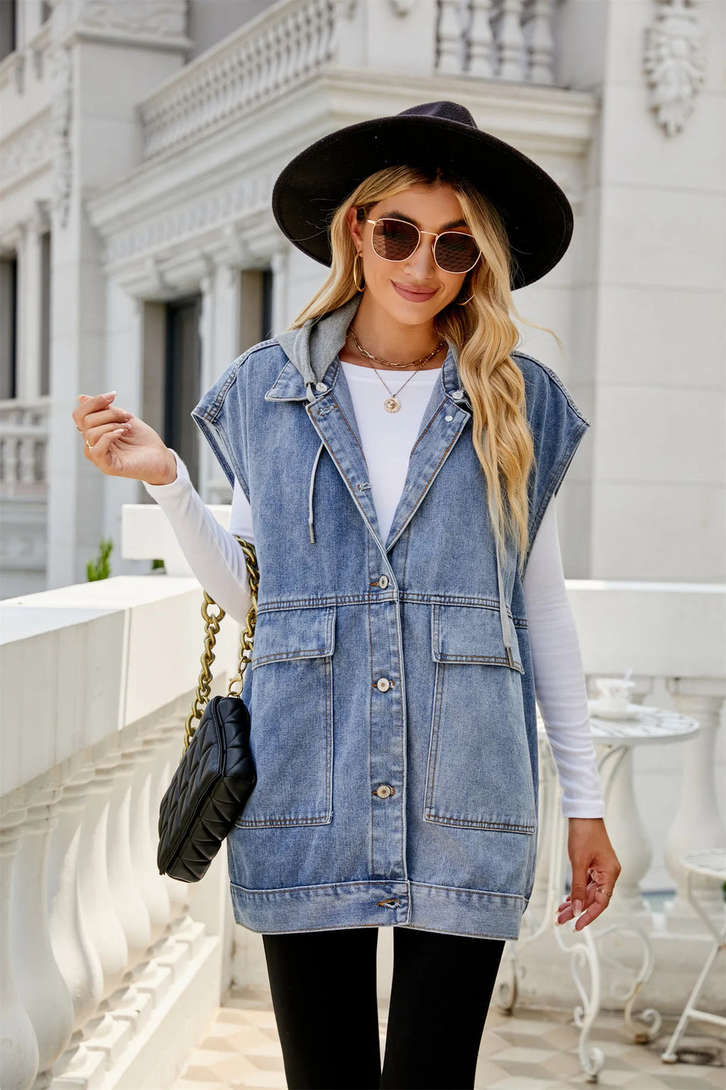 Gilet en jean à capuche détachable sans manches pour femmes