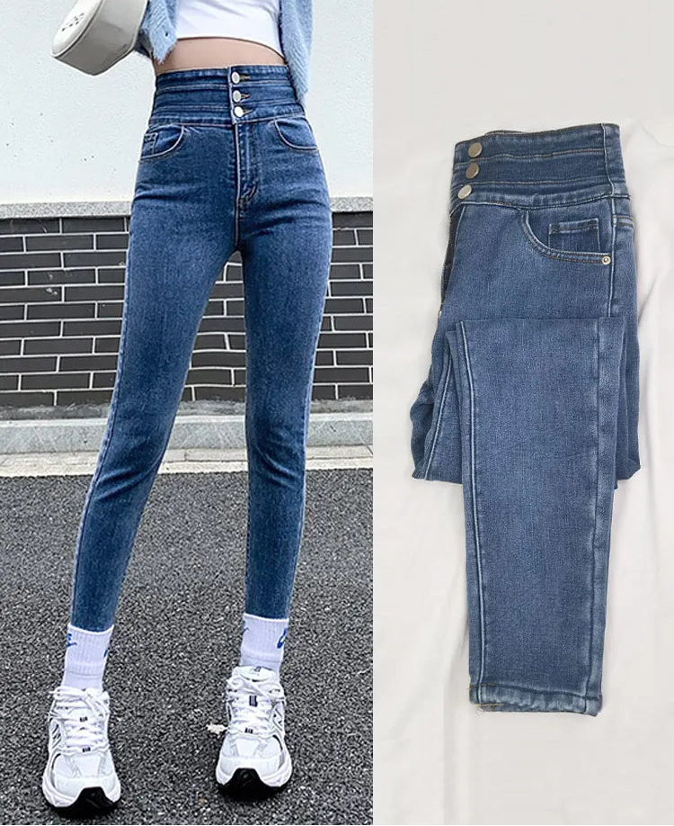 Jean slim taille haute à trois lèvent pour femmes