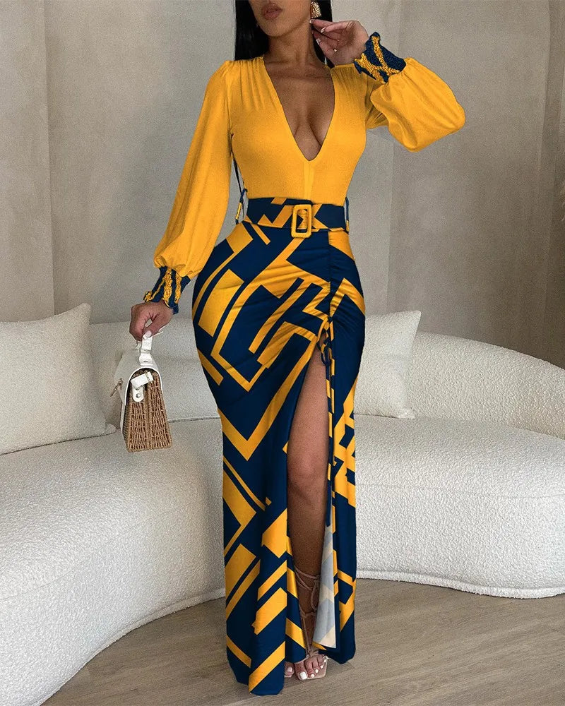 Robe longue imprimée à col en v pour femmes
