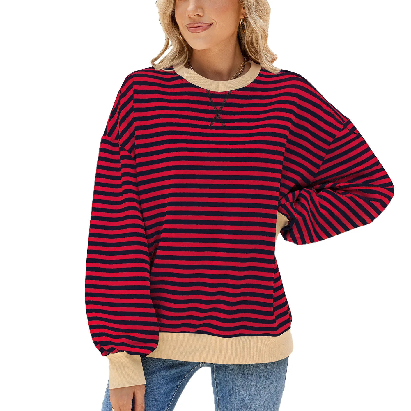 T-shirt à manches longue décontracté ample rayé pour femmes