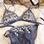Ensemble de lingerie en dentelle française brodée de fleurs pour femmes
