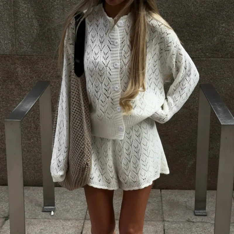 Ensemble short et jupe en maille ajourée pour femmes