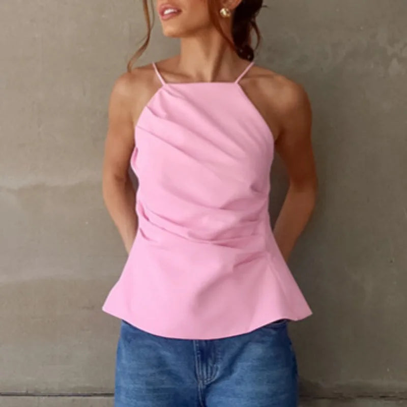 Débardeur rose sexy dos nu à lacets pour femmes