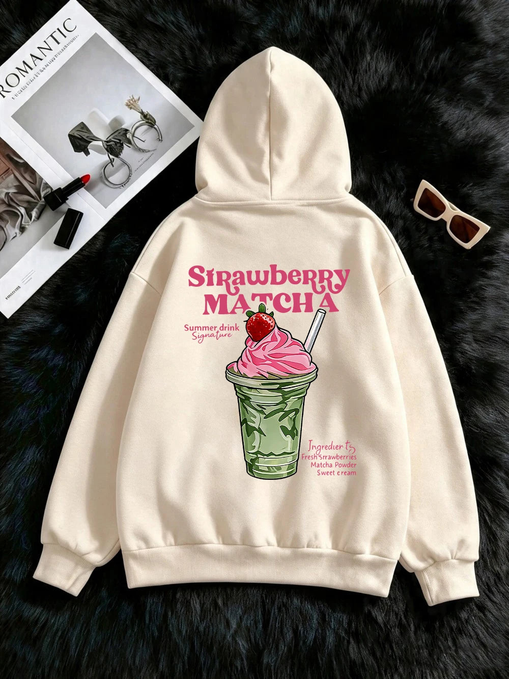 Sweat à capuche imprimé fraise et matcha pour femmes