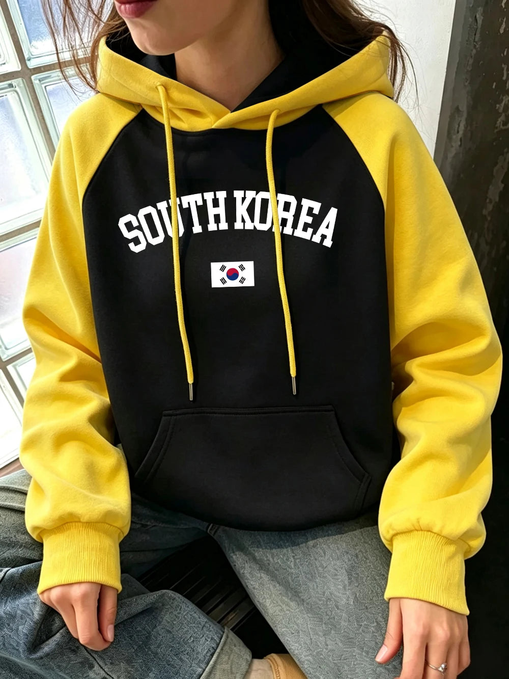 Sweat-shirt à capuche en polaire avec motif drapeau de Corée du Sud pour femmes
