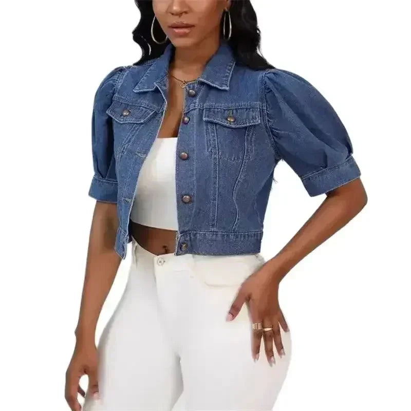Veste court en jean à revers pour femmes