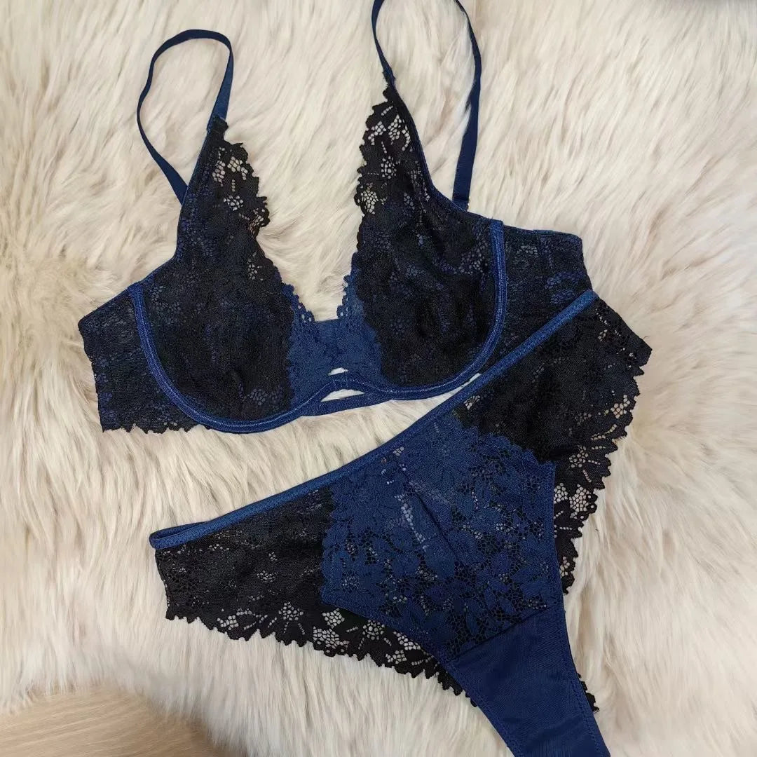 Ensemble soutien-gorge et culotte en dentelle brodée pour femmes
