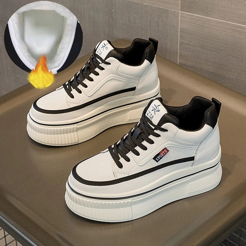 Baskets compensées en cuir véritable pour femmes
