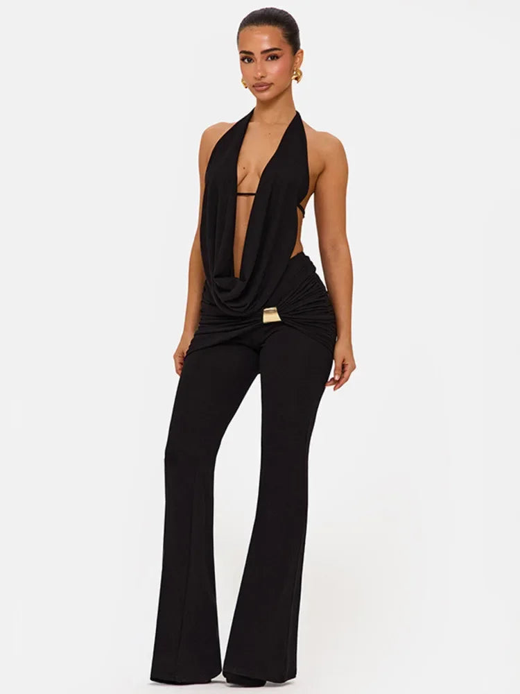 Ensemble pantalon long et haut court dos nu à col V pour femmes