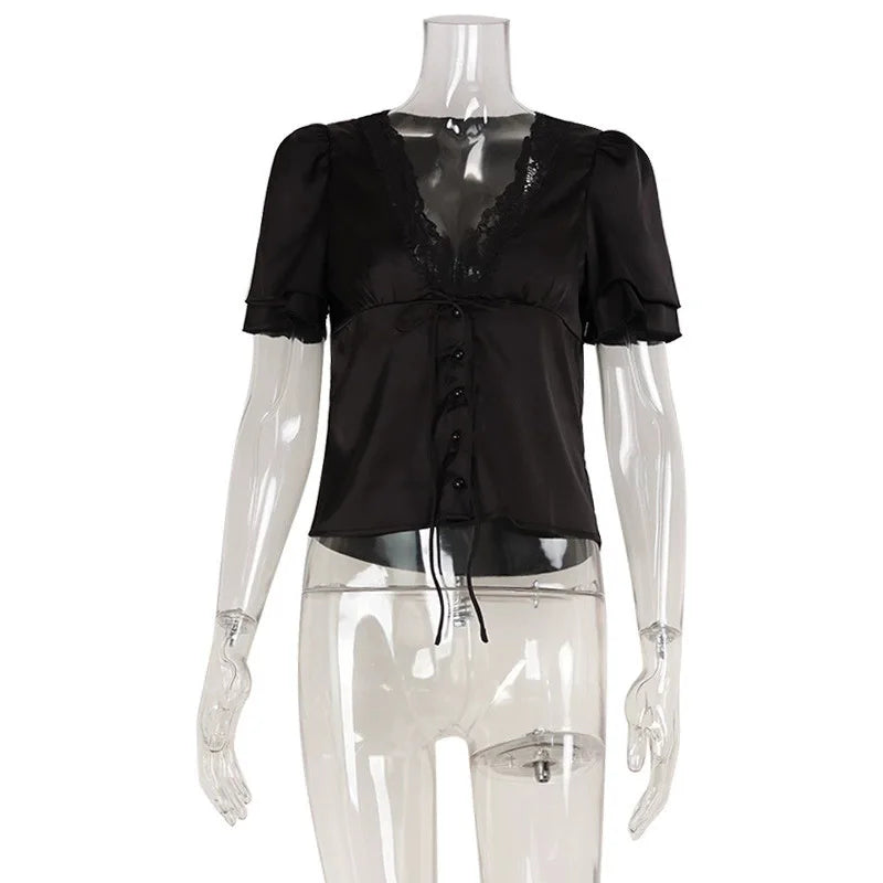 T-shirt court à lacets Lace V-neck pour femmes