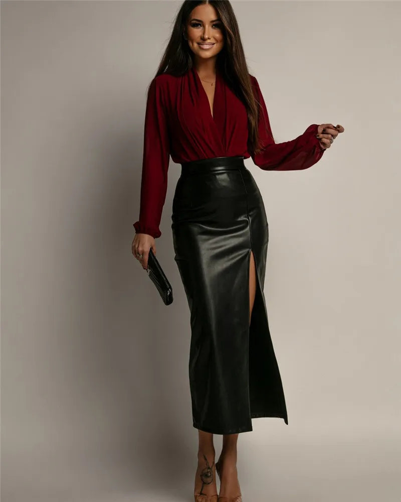 Jupe Midi Femme en Similicuir à Fente Haute