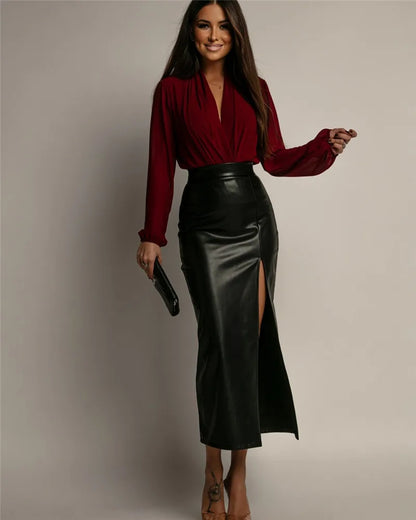 Jupe Midi Femme en Similicuir à Fente Haute