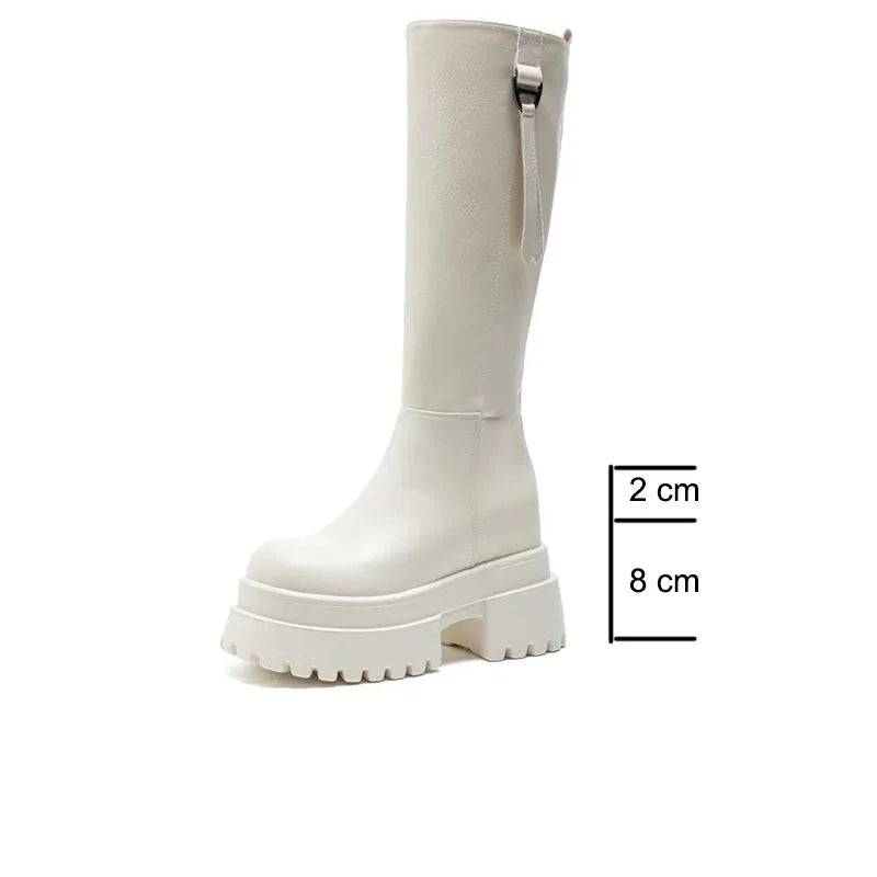 Bottes hautes en cuir véritable à plate-forme pour femmes