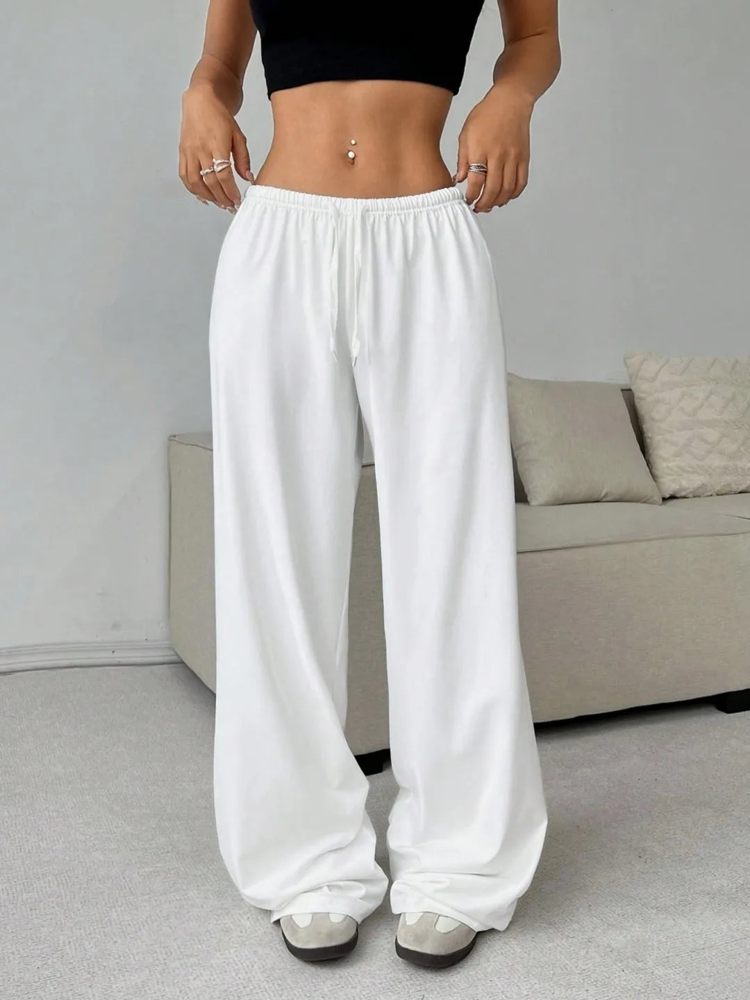 Pantalons décontractés unis à taille élastique et jambes larges pour femmes