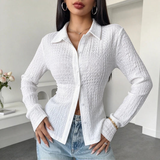 Chemise Texturée Femme – Manches Longues et Col à Revers