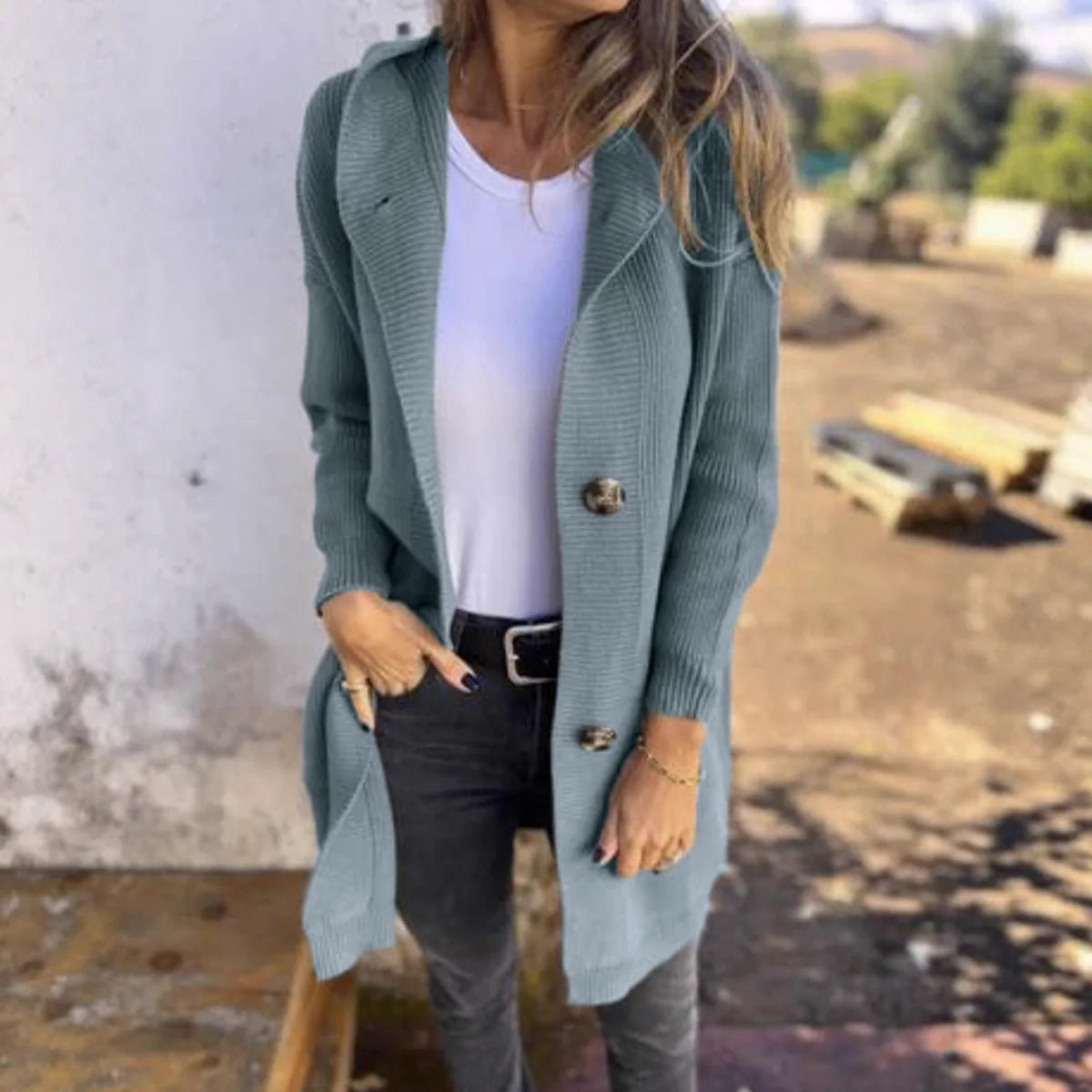 Cardigan long à poches et boutons pour femmes