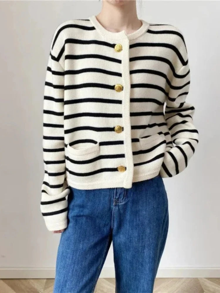 Cardigan en tricot rayé contrastant pour femmes