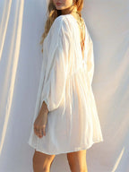 Robe de plage sexy à manches longues et col en V, dos nu, en coton, pour femmes