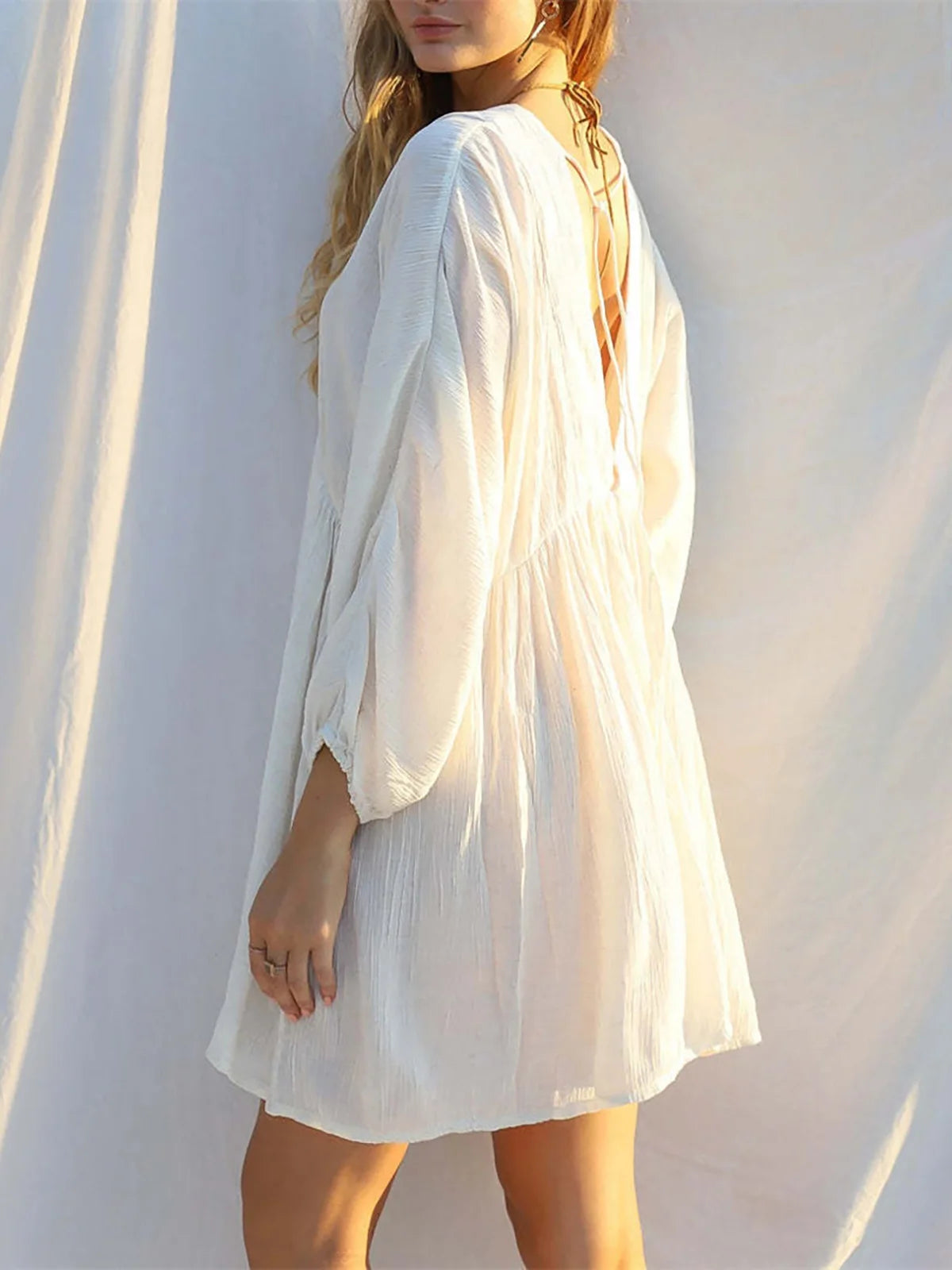 Robe de plage sexy à manches longues et col en V, dos nu, en coton, pour femmes