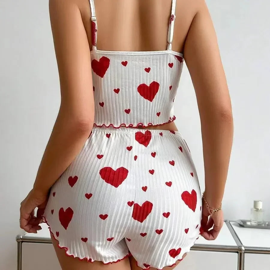 Pyjama d’Été Femme – Débardeur et Short à Cœurs