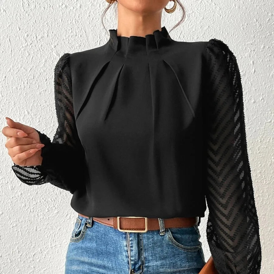 Chemise en dentelle plissée et manches longues pour femmes