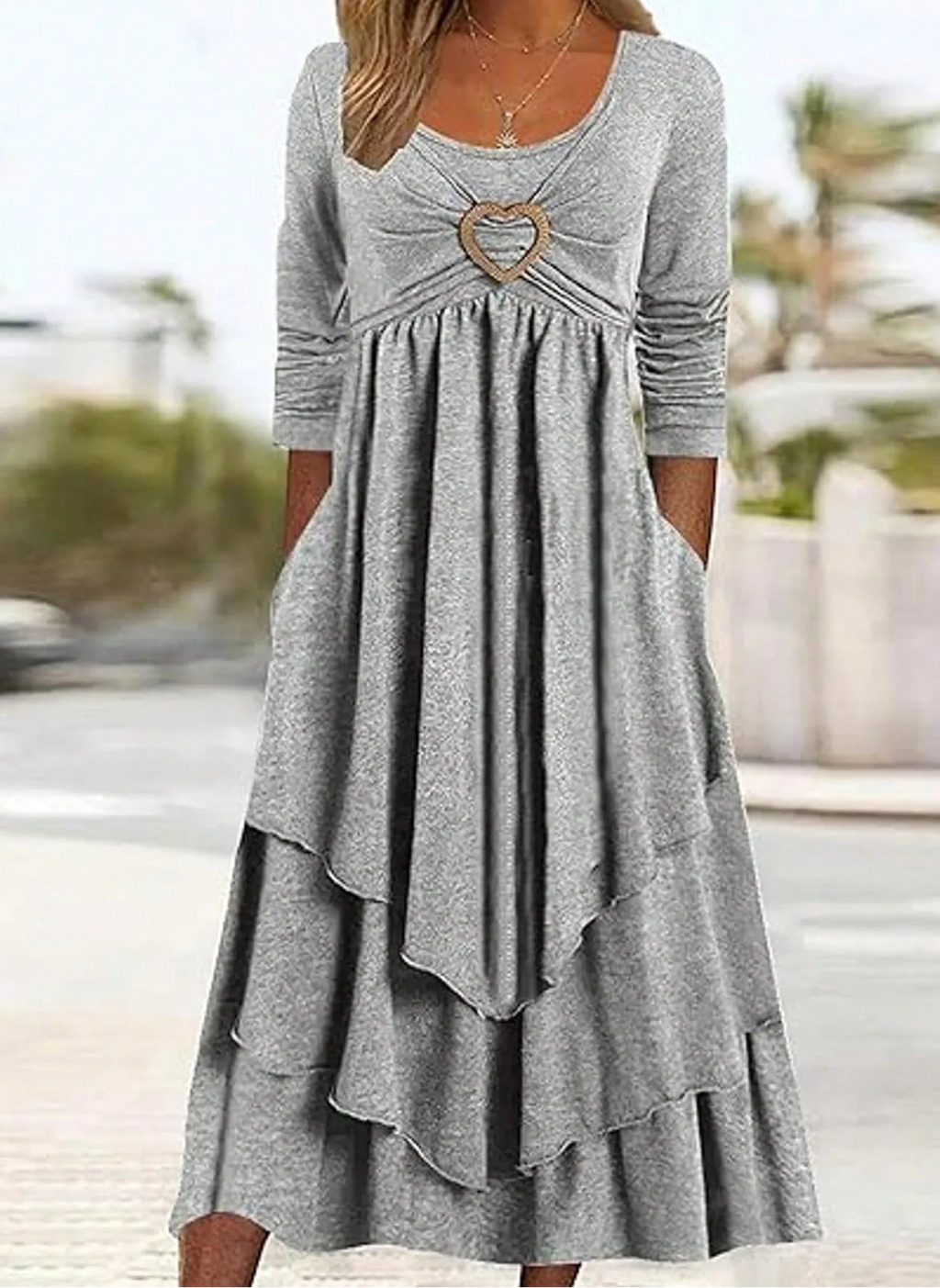 Robe maxi décontractée à manches longues et col rond pour femmes