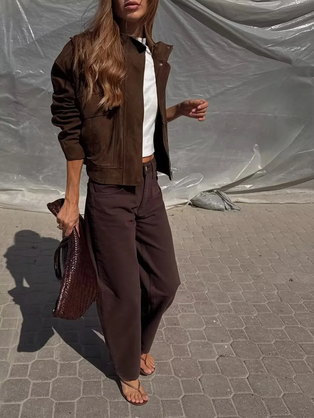 Veste en faux daim à col montant et manches longues pour femmes