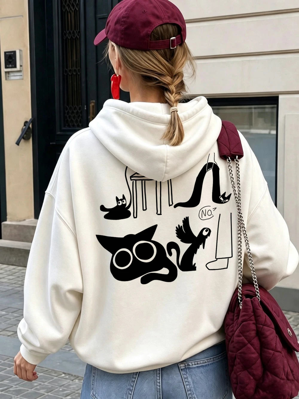 Sweat à capuche imprimé chat rigolo pour femmes