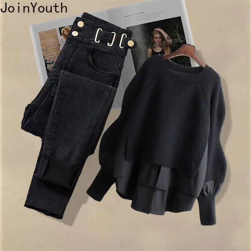 Ensemble deux pièces pulls en tricot et pantalon en jean coupe couvertes pour femmes