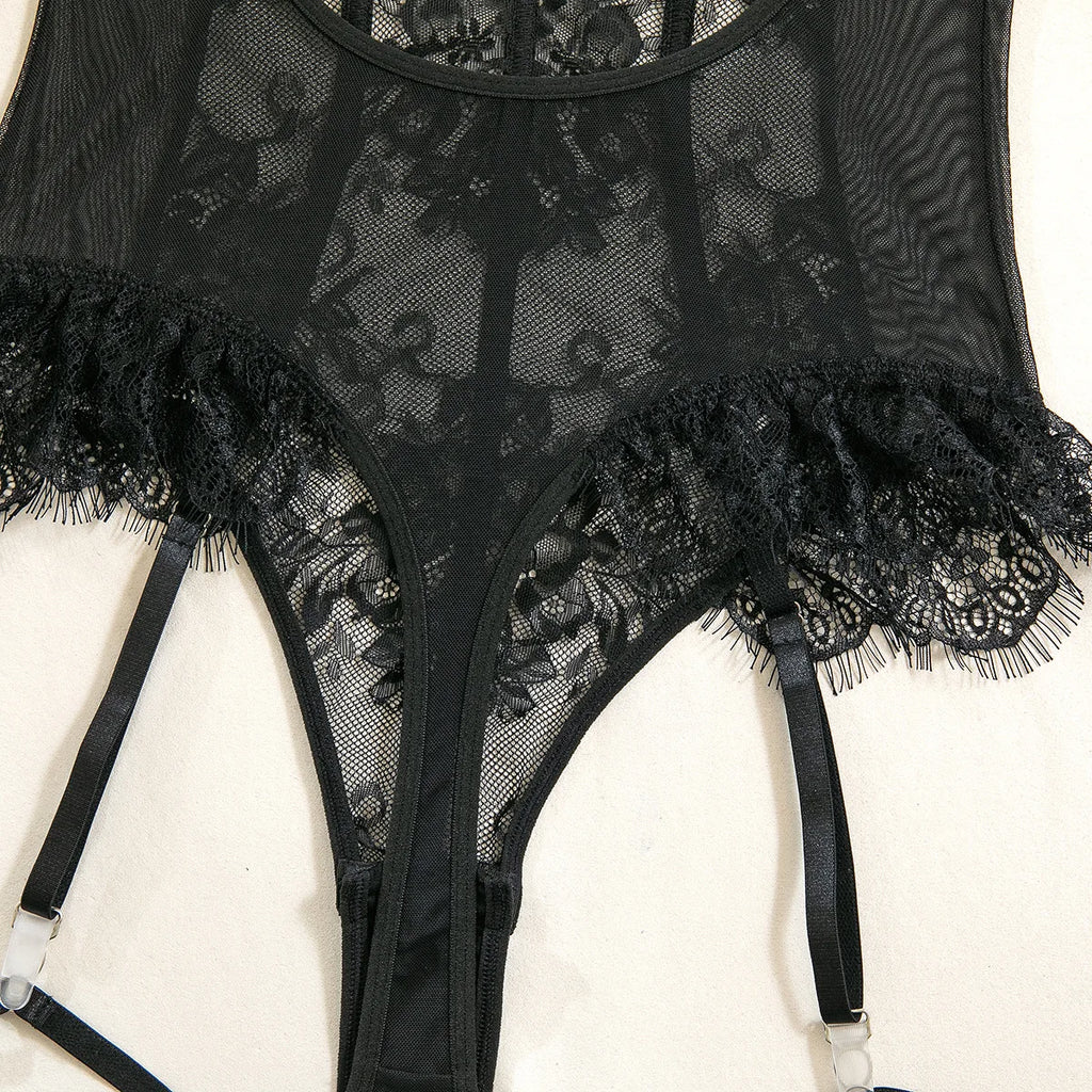 Body noir moulant en maille résille et dentelle pour femmes