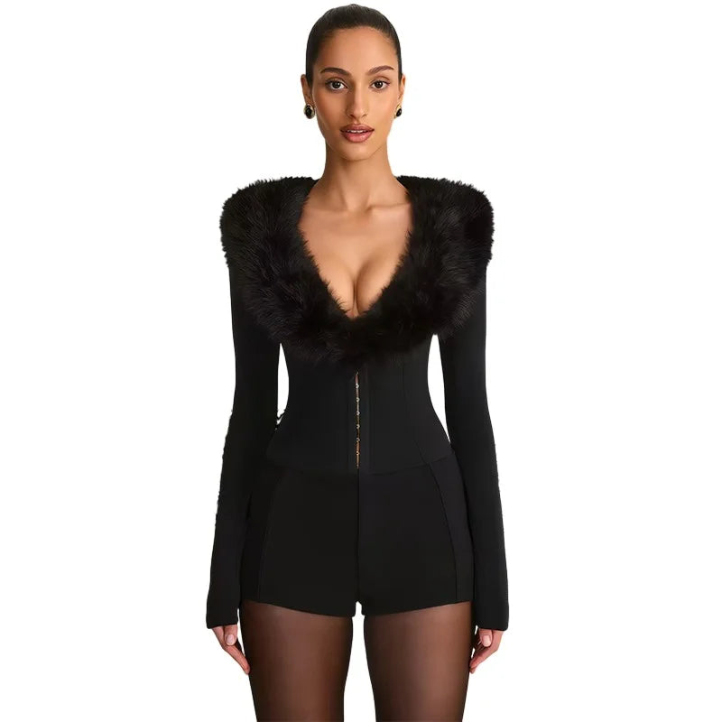 Combinaison courte moulante sexy en fausse fourrure pour femmes