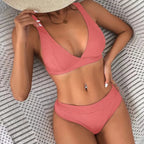 Maillot de bain deux pièces à rayures, couleur unie, petite fente, taille haute, col en v, bikini, pour femmes