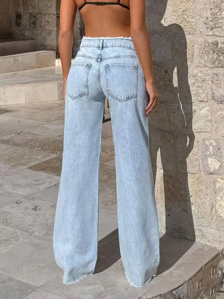 Jean ample style américain à jambe large et franges pour femmes