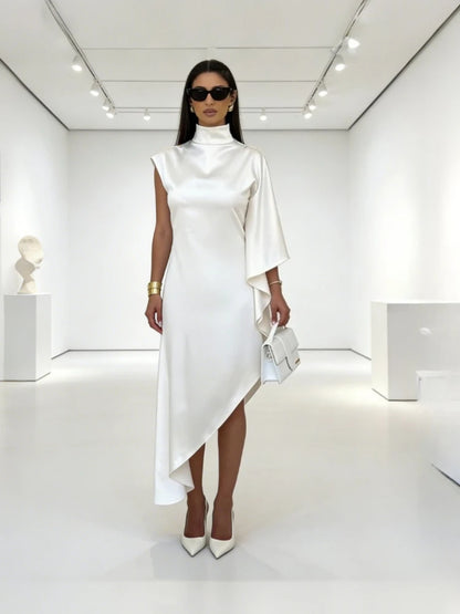 Robe Longue en Satin Uni Femme – Col Montant