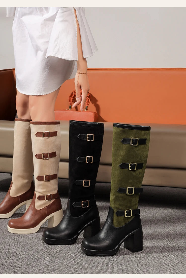 Bottes mi-mollet en PU givré avec boucle de ceinture à cinq rangées et talon ultra-haut pour femmes