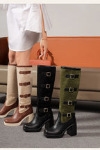 Bottes mi-mollet en PU givré avec boucle de ceinture à cinq rangées et talon ultra-haut pour femmes